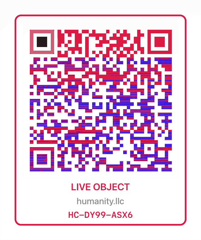 LIVE OBJECT QR with chromatic glitch: red and blue modules on a white card with red border