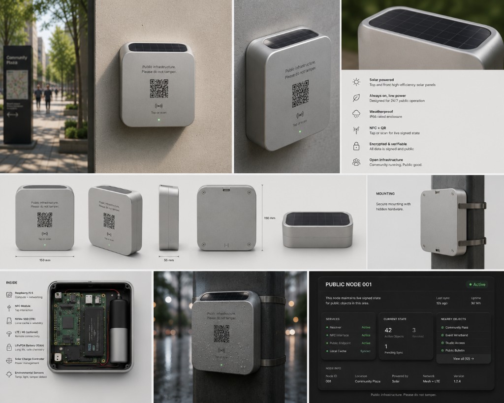 Public Node concept spec sheet: 150mm solar-powered enclosure, QR and NFC tap or scan, Pi 5 internals, LTE and mesh, IP66 weatherproof, live signed state UI mockup
