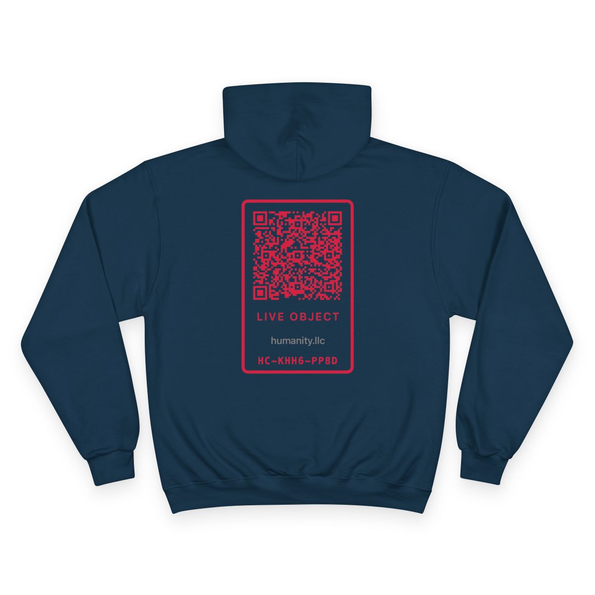 Navy Glitch LIVE QR hoodie — founding drop carrier